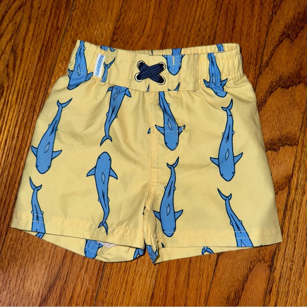 Infant 👶🏻 Rugged Butts Yellow / Blue Shark Print Swim Shorts